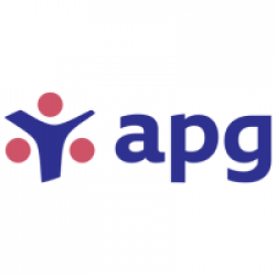 apg-logo met blauwe letters en gestileerde figuur met rode bolvormen