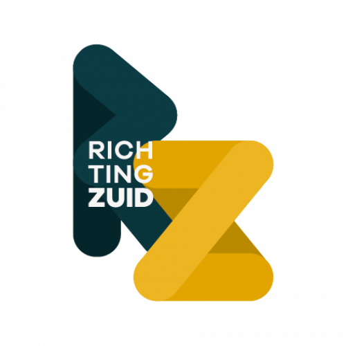 Logo met geometrische vormen in geel en donkerblauw, tekst "Richting Zuid" in wit.