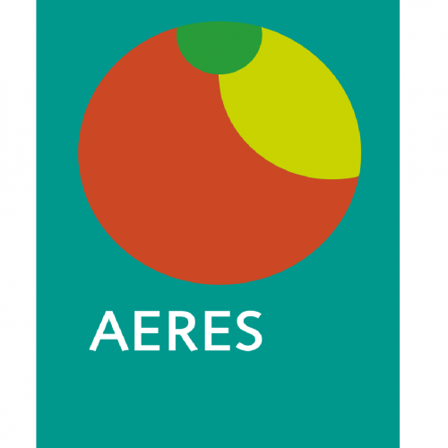 Rode en gele cirkels overlappen op groene achtergrond, met witte tekst "Aeres".