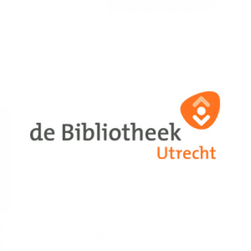 Logo van de Bibliotheek Utrecht met oranje schild en witte symbolen.