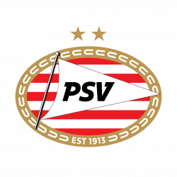 PSV-logo met rode strepen, witte vlag, gouden rand en twee sterren bovenaan.