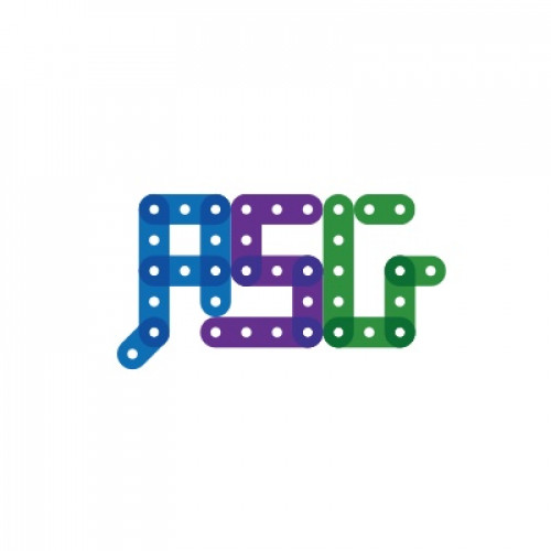 Logo met letters "ASG" gevormd door gekleurde bouwstukken in blauw, paars en groen.