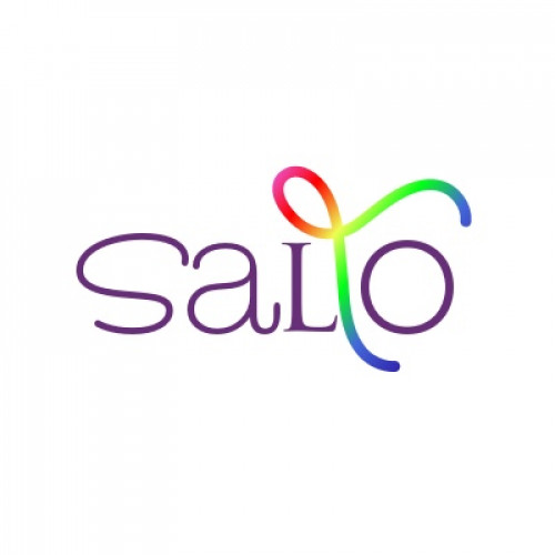 Logo van Salto, paars met een kleurrijke, sierlijke rechte en krullende lijn.