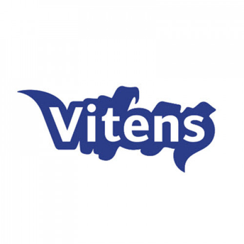 Vitens-logo met blauwe tekst en golvende achtergrond.