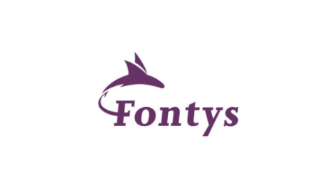 Fontys-logo met paarse tekst en gestileerde paarse dolfijn.