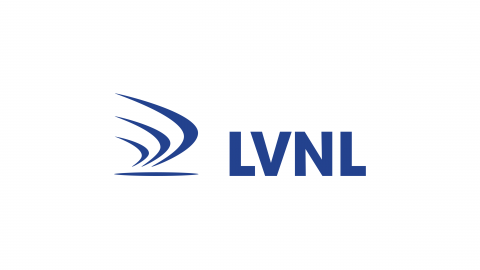 Logo met blauwe gestileerde lijnen en de tekst "LVNL" in blauw op witte achtergrond.