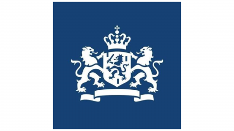 Logo van de Nederlandse overheid, met een kroon, twee leeuwen en een schild op een blauwe achtergrond.
