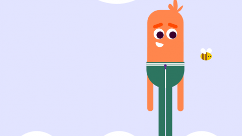 Oranje figuur met groen broek kijkt naar een zwevende bij tegen een lichtblauwe achtergrond.
