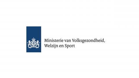 Logo van het Ministerie van Volksgezondheid, Welzijn en Sport, met een blauwe kolom en witte tekst.