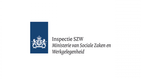 Logo van Inspectie SZW, met tekst en een blauw vlak met een wit Nederlands embleem.