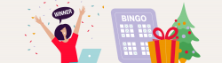 Vrouw juicht met confetti, laptop, bingokaart, cadeaus en kerstboom.