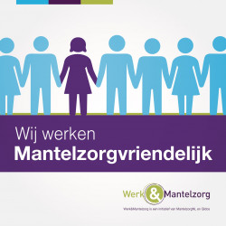 Blauwe figuren en één paarse figuur hand in hand, tekst "Wij werken Mantelzorgvriendelijk".
