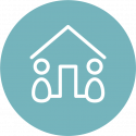 Wit pictogram van twee personen en een huis op een turquoise cirkel.
