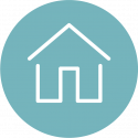 Wit huis pictogram op een turquoise cirkel.