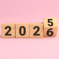 Houten blokken met cijfers vormen "2025" op een roze achtergrond, de "5" wordt omgedraaid naar "6".