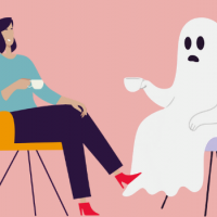 Twee figuren drinken thee, een vrouw en een geest, zittend op stoelen tegen een roze achtergrond.