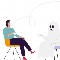 Twee figuren zitten tegenover elkaar, een persoon en een cartoonachtig spook, in een minimalistische setting.